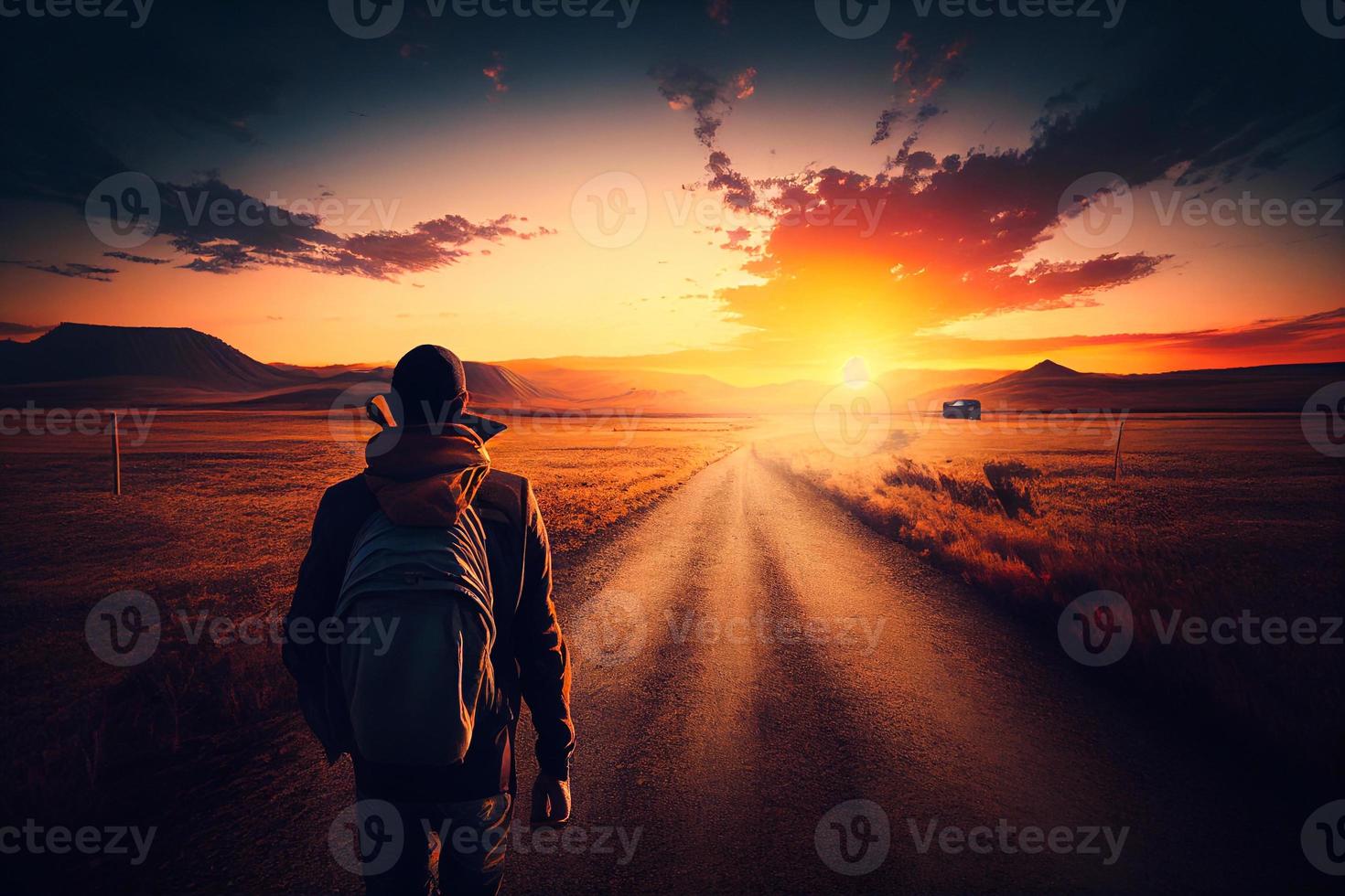 Loving nature walk - Silhouette of man walking with backpack in landscape with sea, mountains and forest in background. Stress reduction and solitude concept. illustration AI photo
