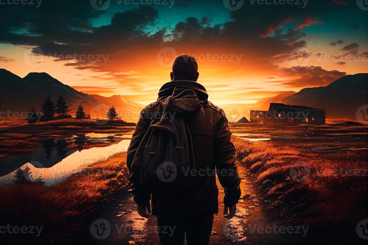 Loving nature walk - Silhouette of man walking with backpack in landscape with sea, mountains and forest in background. Stress reduction and solitude concept. illustration AI photo