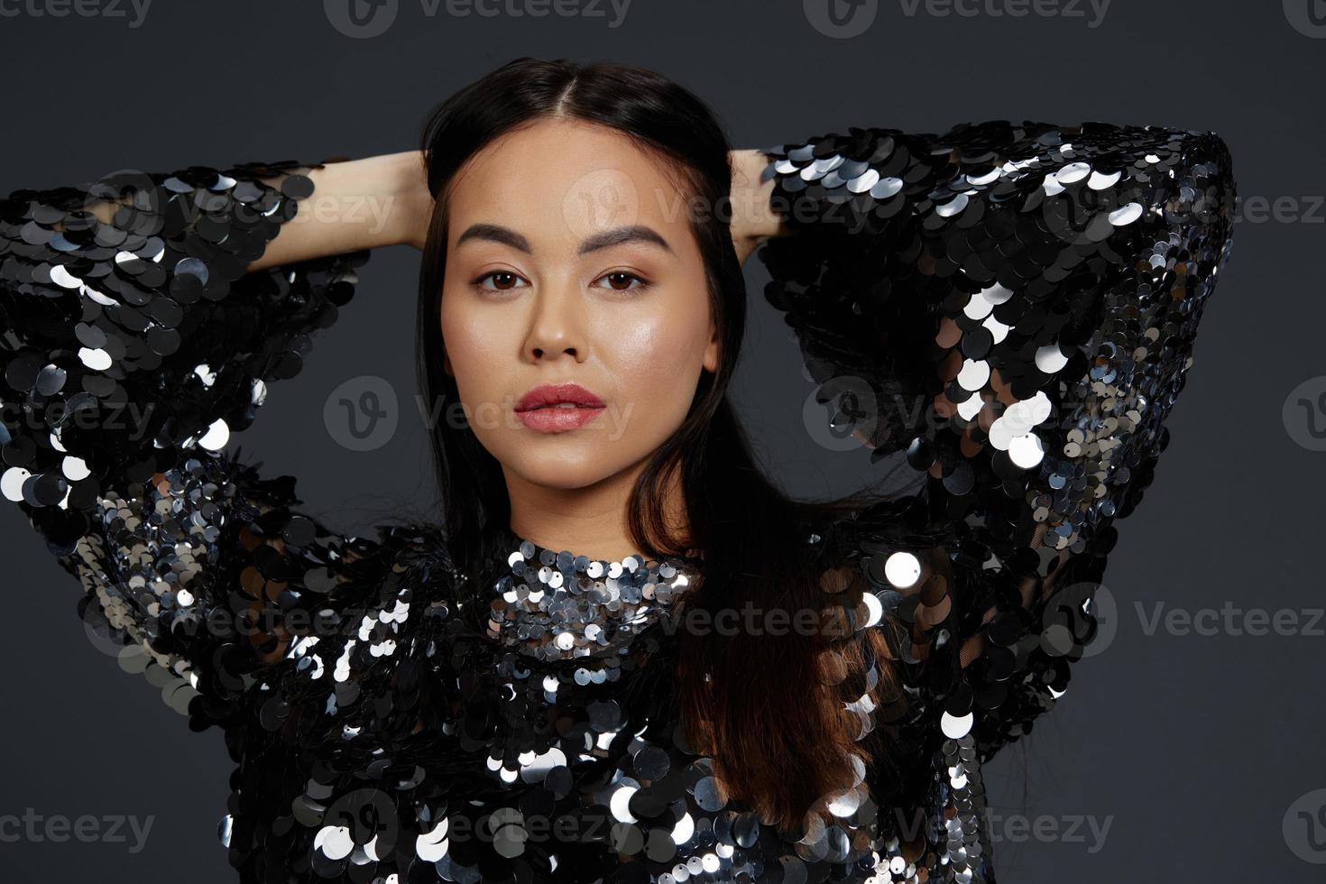 pretty woman shiny jacket fashion posing luxury isolated background photo