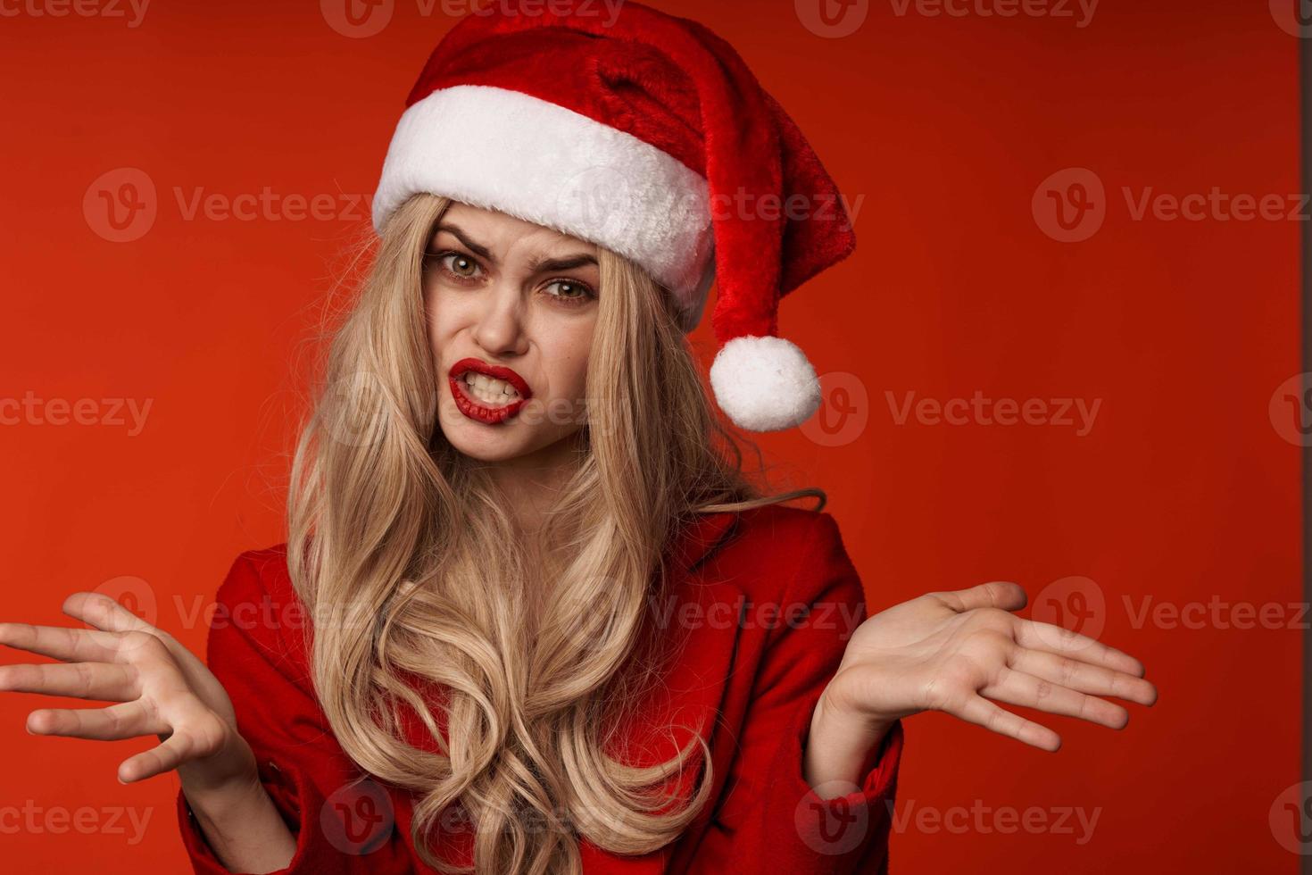 cheerful woman christmas holiday party santa hat photo