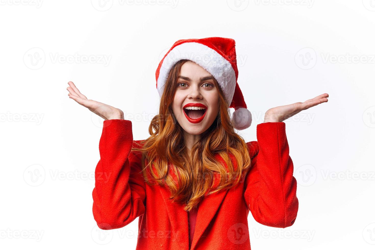 woman wearing santa costume christmas emotion posing fashion photo