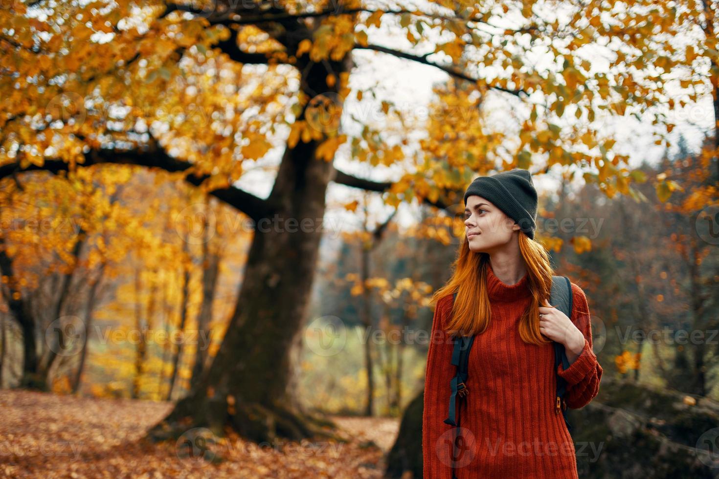 mujer en un suéter camina en el parque en otoño naturaleza paisaje Fresco aire modelo mochila foto