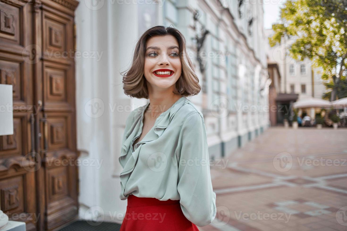 pretty woman outdoors red lips walk outdoors lifestyle photo