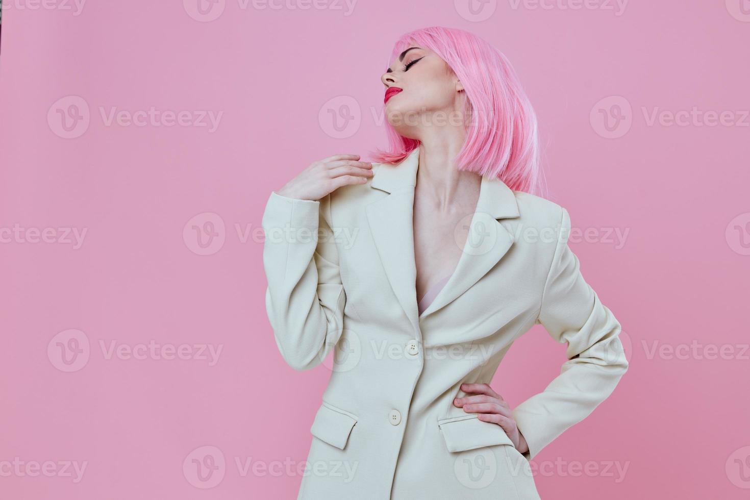 Young woman modern style pink hair Red lips fashion color background unaltered photo