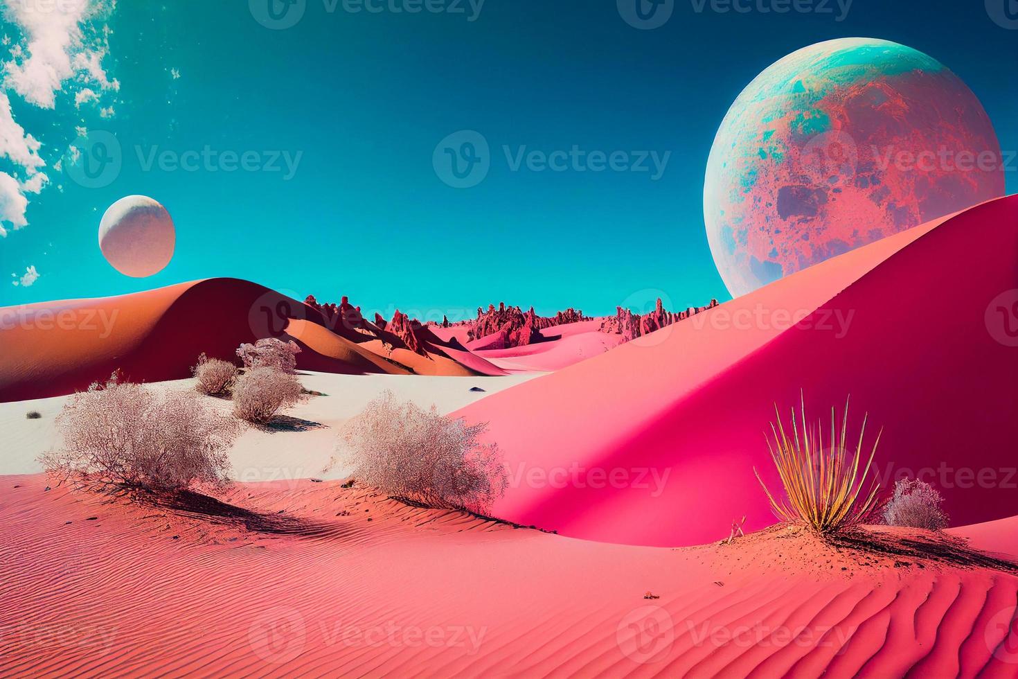 Landscape with pink desert in bright sky. AI photo