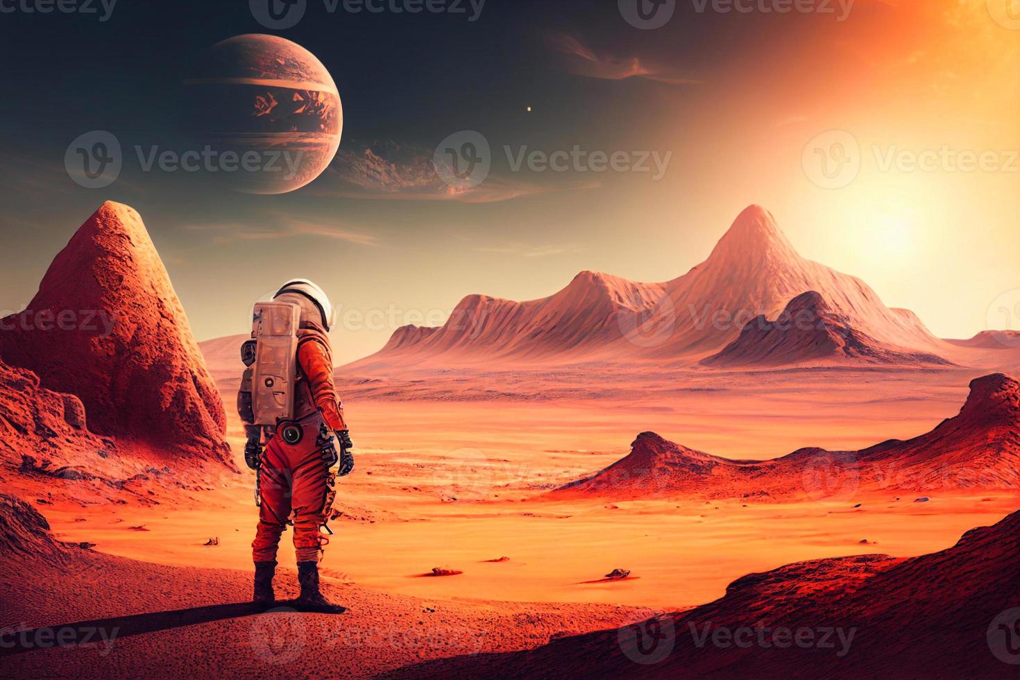 AI The scientific illustration of a colony on Mars in the near future features the launching mission of the rocket into the atmosphere in one of the colonies photo