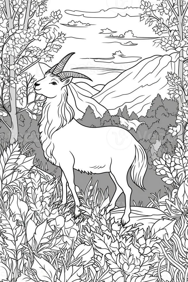 Cute deer coloring page for kids. Black and white. photo