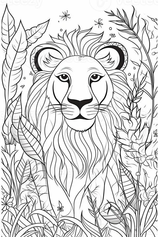 Coloring book page for kids. Lion isolated on white background. Black and White. photo