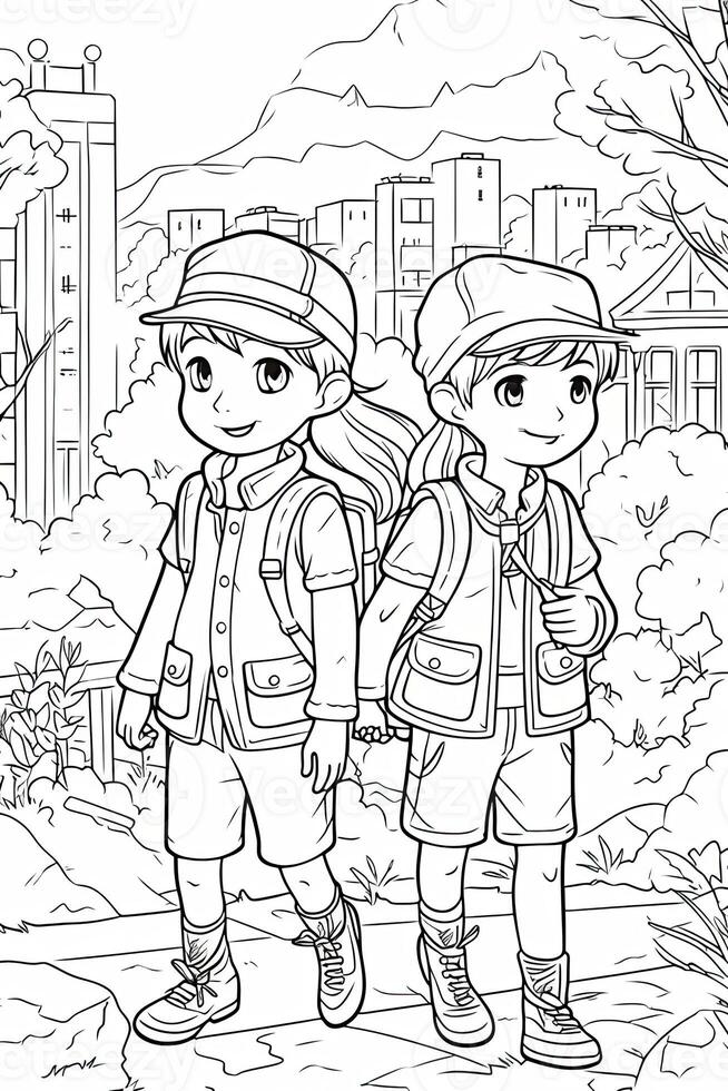 Coloring book school kids theme. Black and white illustration. photo