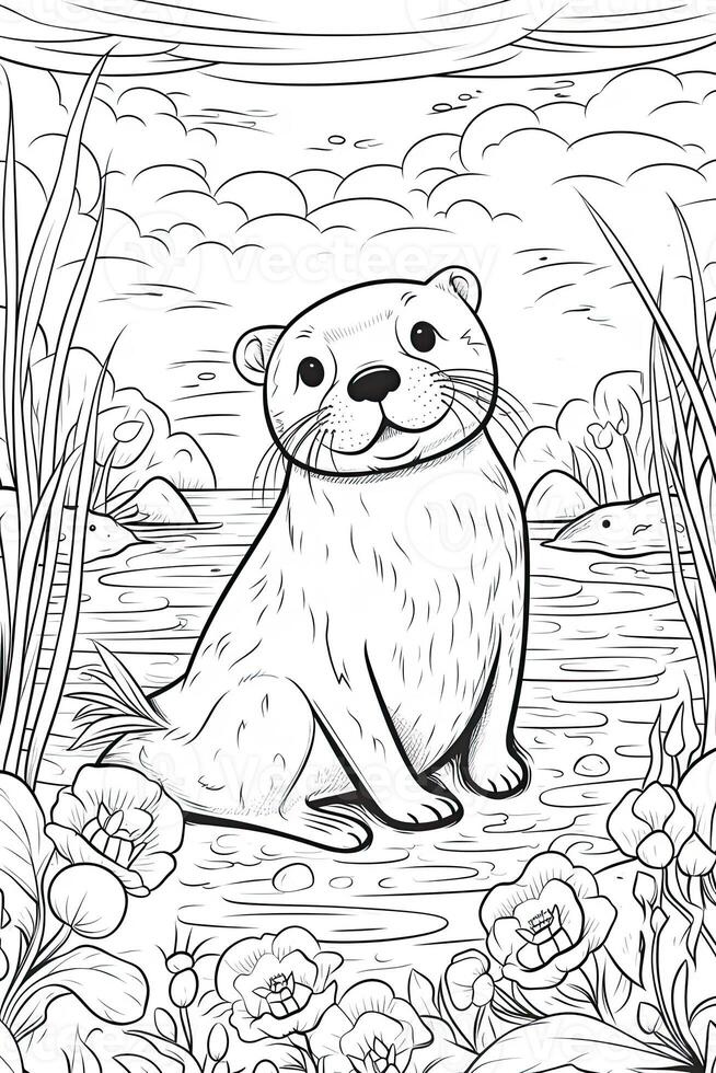 colorante libro página. dibujos animados animales para niños, nutria. generativo ai foto