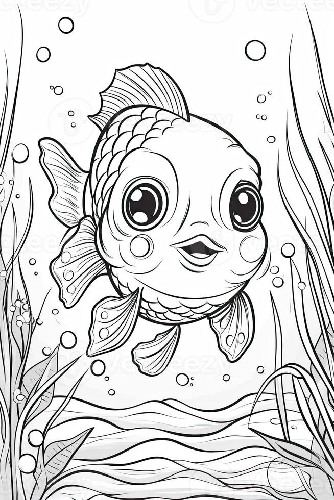 Cute fish coloring page for kids. Black and white. photo