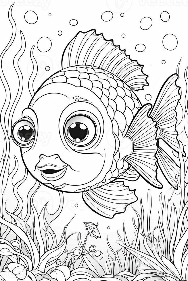 Cute fish coloring page for kids. Black and white. photo