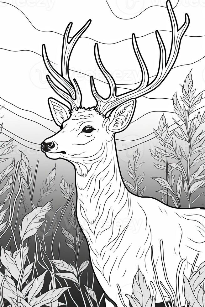 Coloring book page for kids. Deer isolated on white background. Black and White. photo