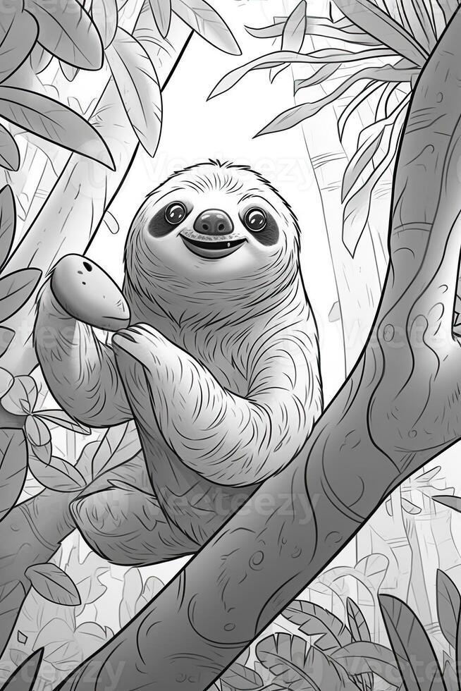 Coloring book page for kids. Sloth isolated on white background. Black and White. photo