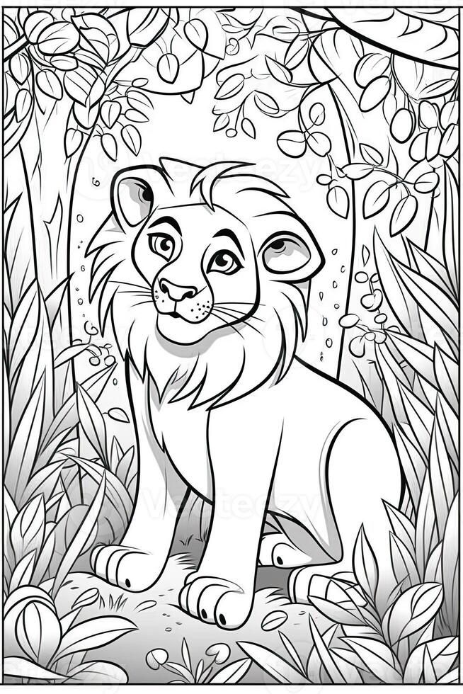 Coloring book page for kids. Lion isolated on white background. Black and White. photo