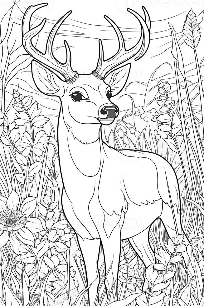 Coloring book page for kids. Deer isolated on white background. Black and White. photo