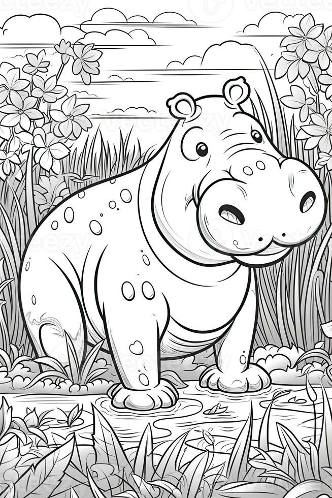 Cute hippopotamus coloring page for kids. Black and white. photo