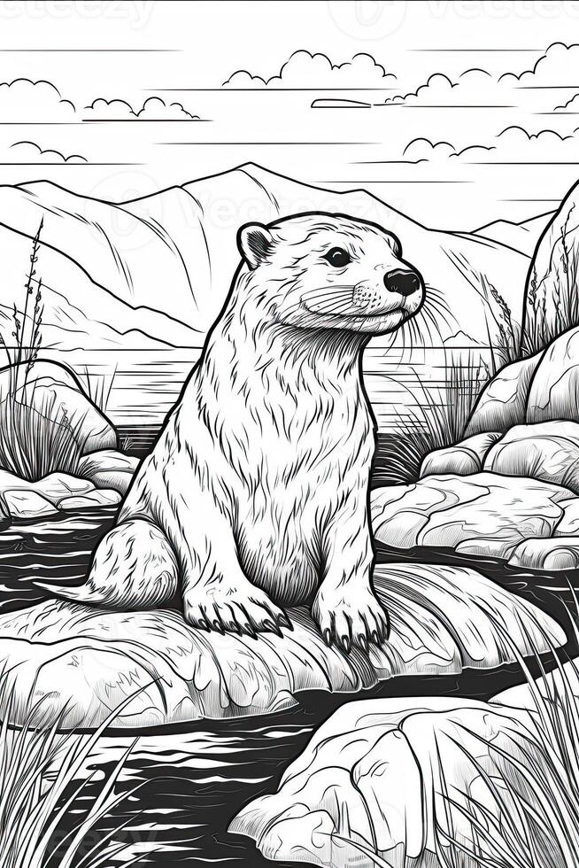 Coloring book page. Cartoon animals for kids, otter. photo