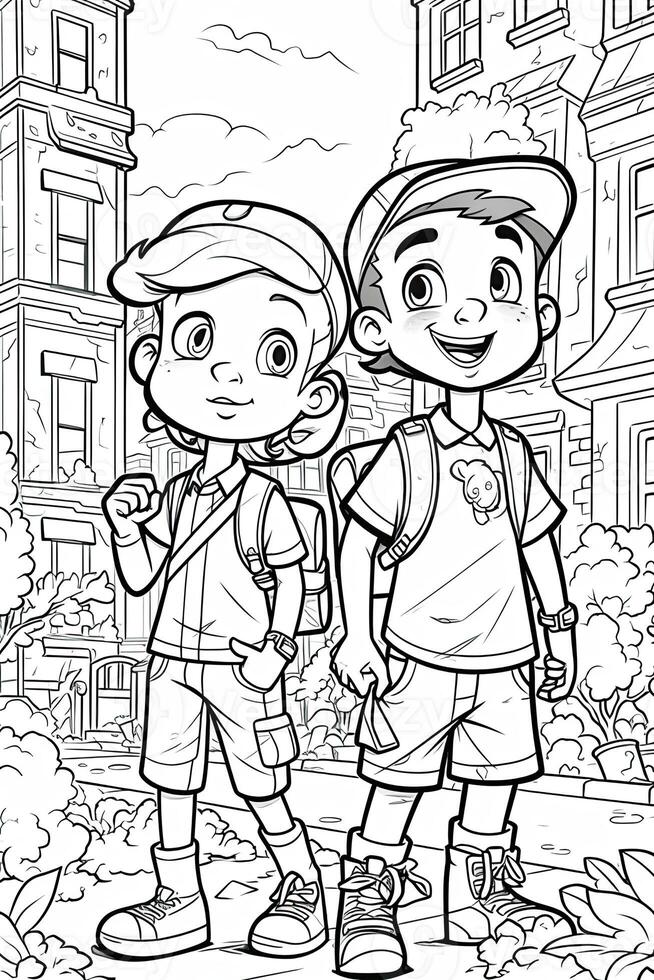 Coloring book school kids theme. Black and white illustration. photo
