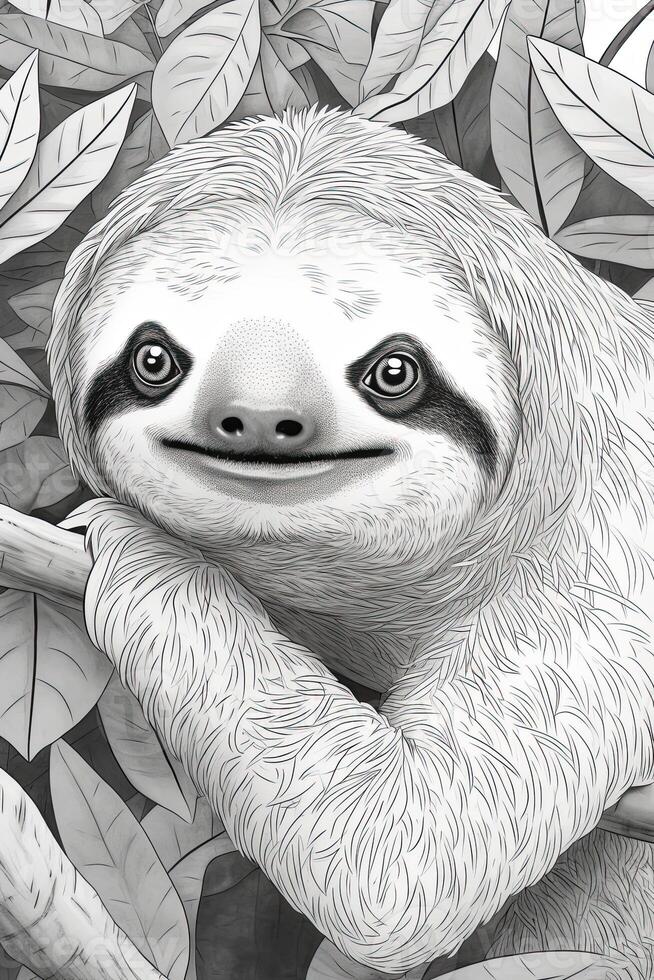 Coloring book page for kids. Sloth isolated on white background. Black and White. photo