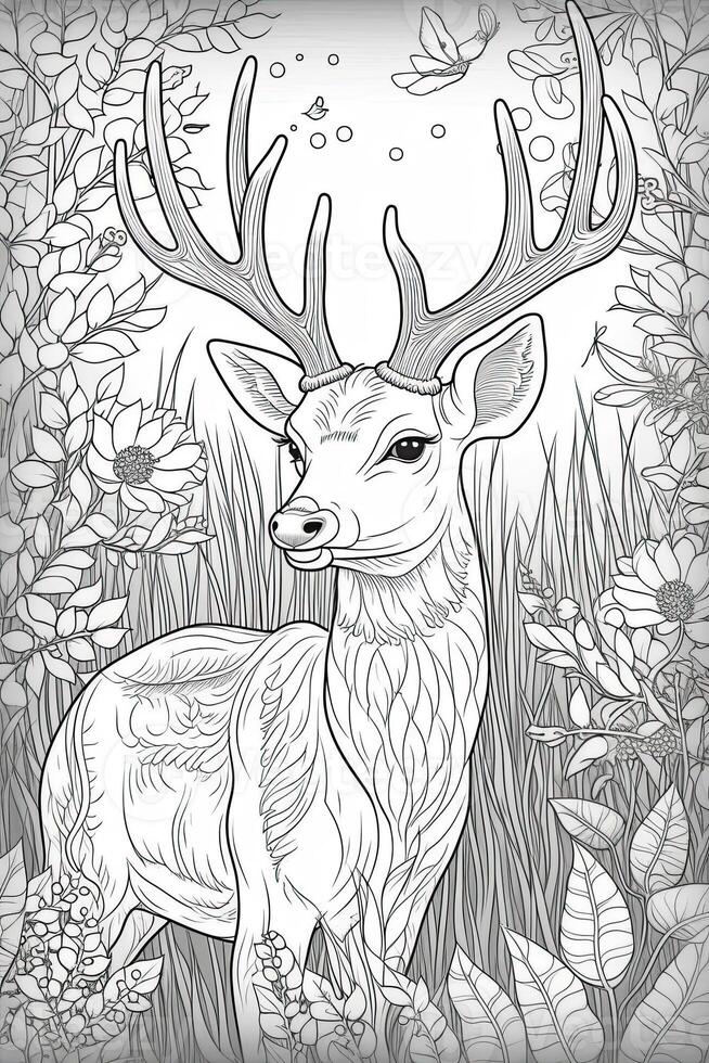 Coloring book page for kids. Deer isolated on white background. Black and White. photo