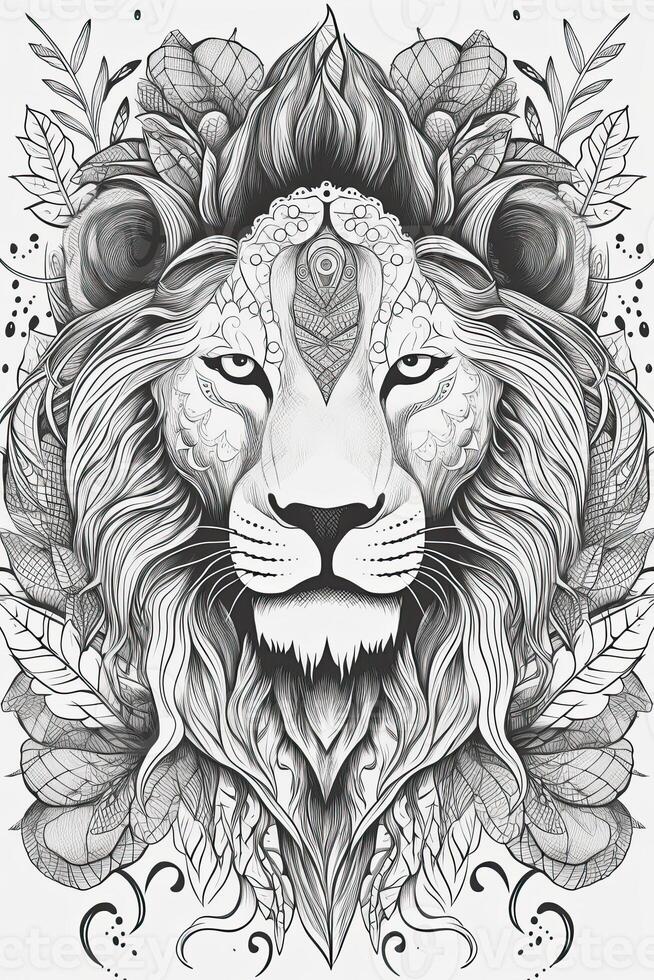Coloring book page for kids. Lion isolated on white background. Black and White. photo
