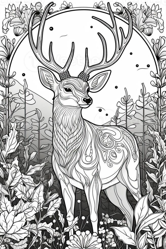 Coloring book page for kids. Deer isolated on white background. Black and White. photo