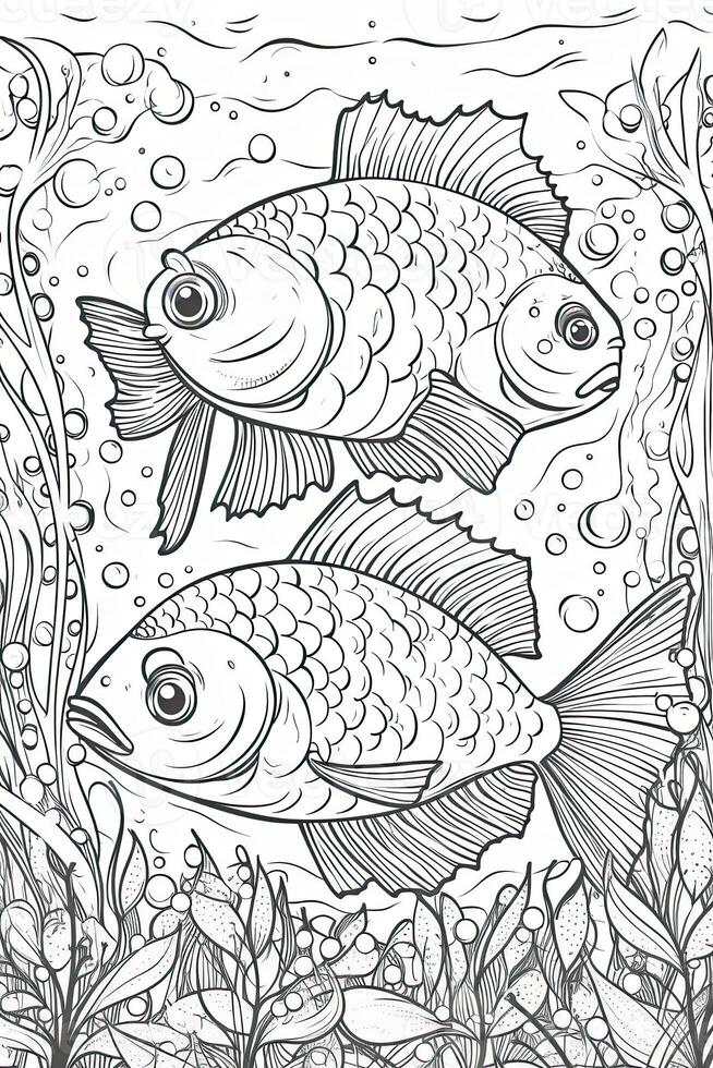 Cute fish coloring page for kids. Black and white. photo