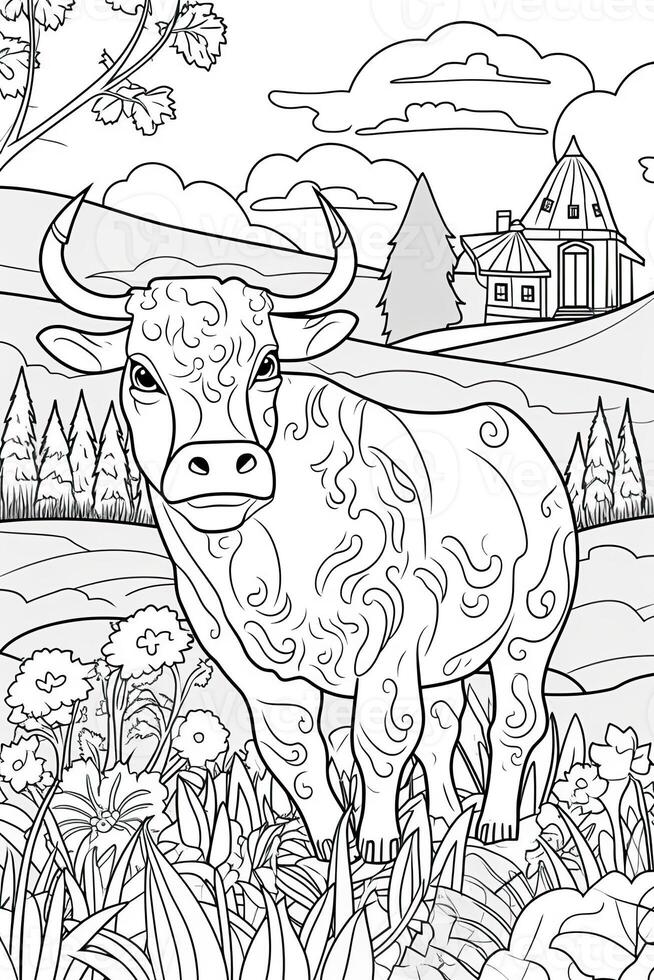 Coloring book page for kids. Cow isolated on white background. Black and White. photo