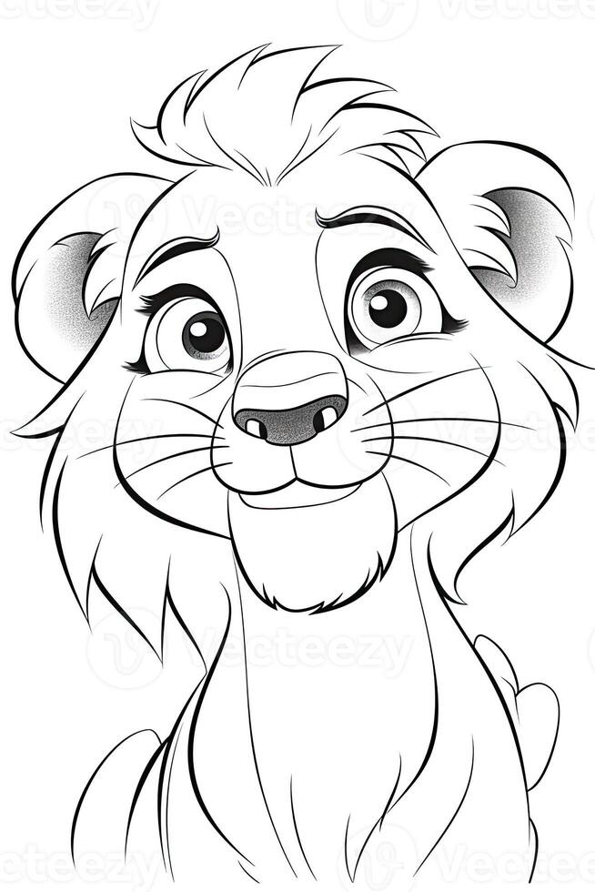 Coloring book page for kids. Lion isolated on white background. Black and White. photo