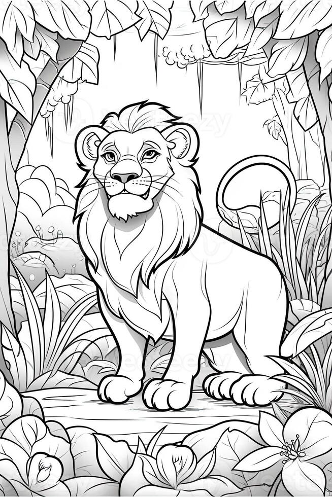 Coloring book page for kids. Lion isolated on white background. Black and White. photo