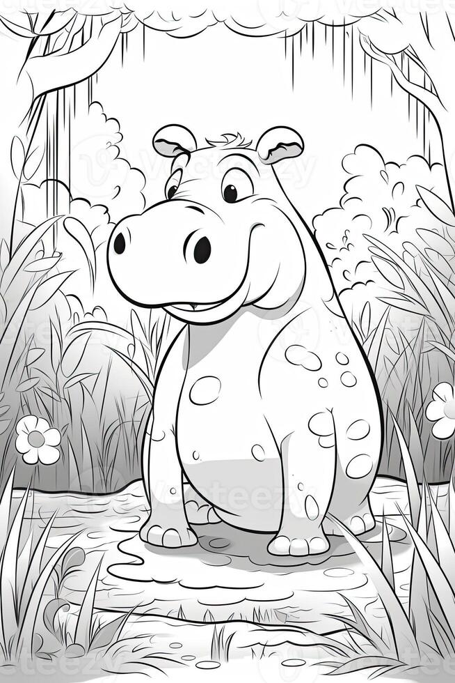 Cute hippopotamus coloring page for kids. Black and white. photo