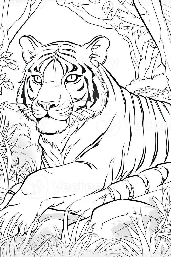 colorante libro página. dibujos animados animales para niños, tigre. generativo ai foto
