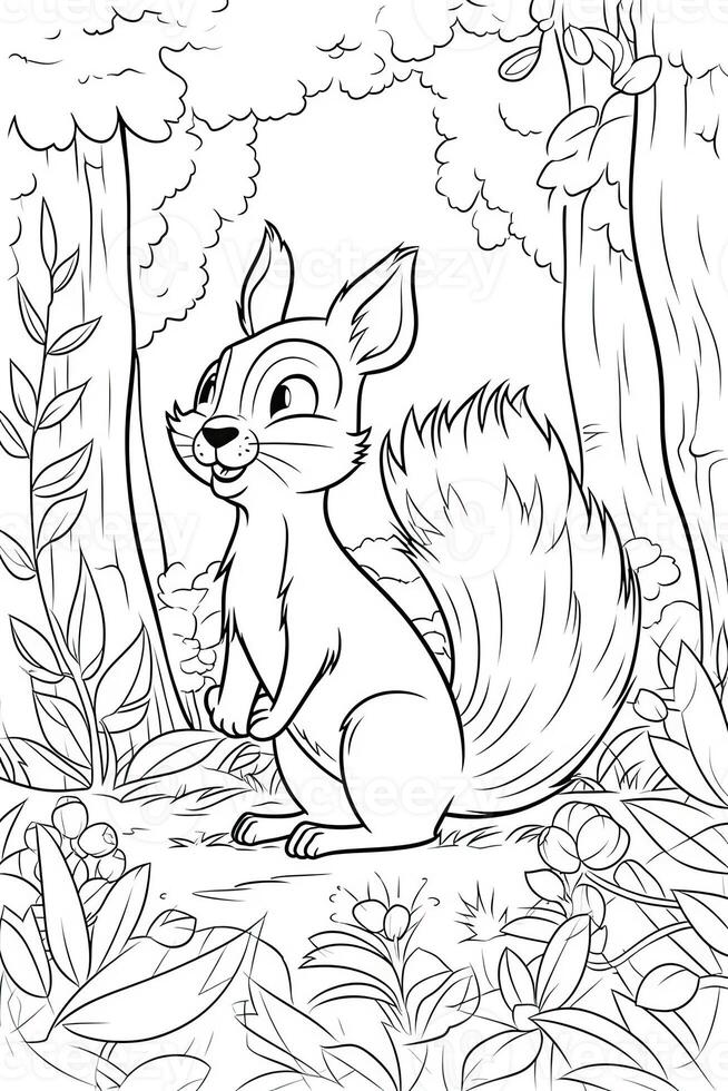 Coloring book page for kids. Squirrel isolated on white background. Black and White. photo
