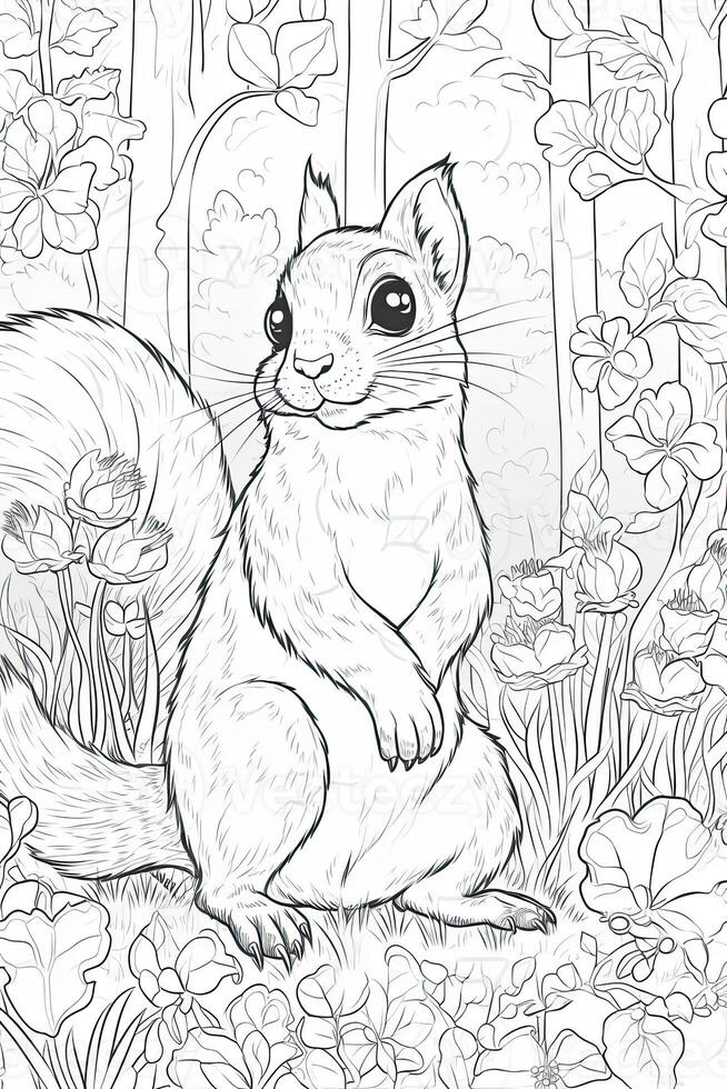 Coloring book page for kids. Squirrel isolated on white background. Black and White. photo