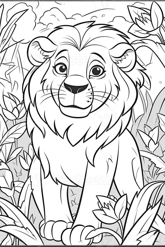 Coloring book page for kids. Lion isolated on white background. Black and White. photo