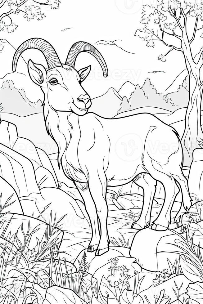 Cute deer coloring page for kids. Black and white. photo
