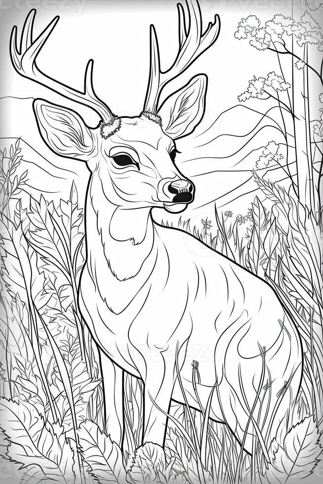 Coloring book page for kids. Deer isolated on white background. Black and White. photo