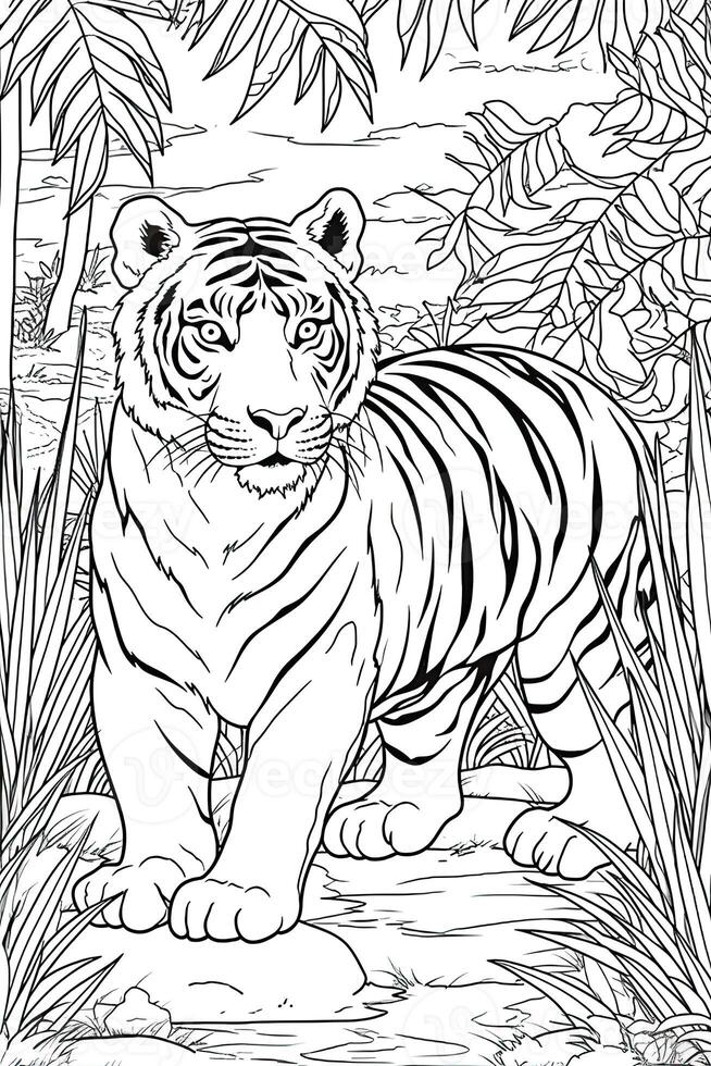 colorante libro página. dibujos animados animales para niños, tigre. generativo ai foto