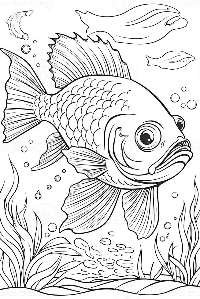 Cute fish coloring page for kids. Black and white. photo