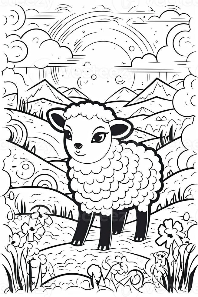 colorante libro página para niños. oveja aislado en blanco antecedentes. negro y blanco. generativo ai foto