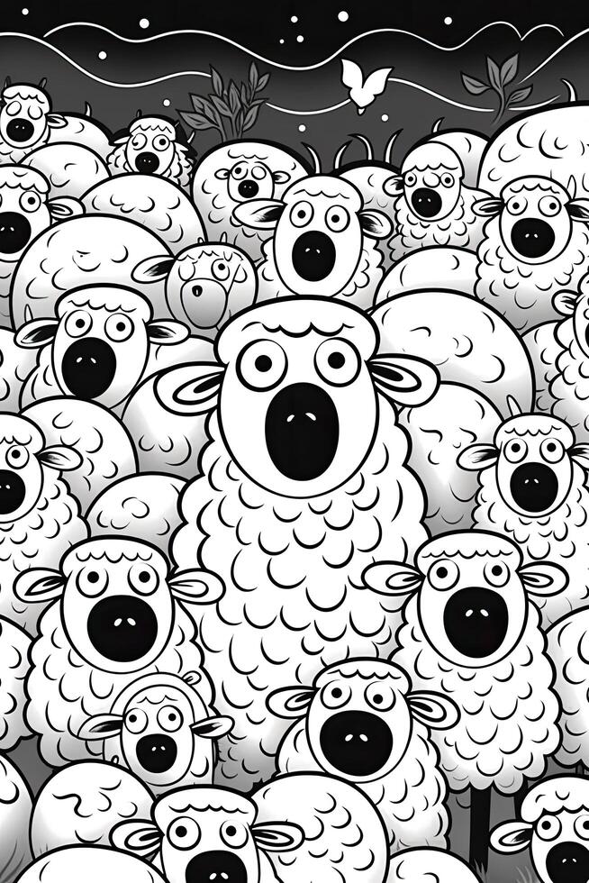 Coloring book page for kids. Sheep isolated on white background. Black and White. photo