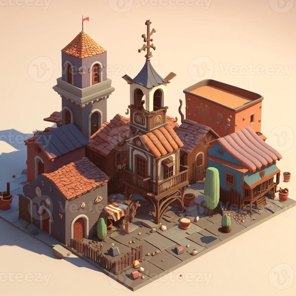 Wild west town scenery,3D cute style. Digital illustration. AI photo