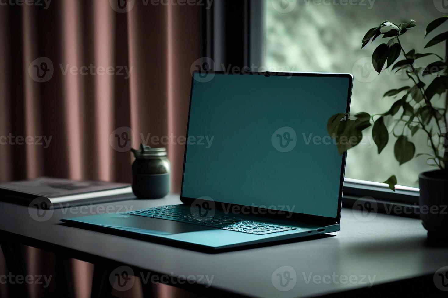 Office desk with laptop, coffee and flower. Modern business workplace. Home workspace table. illustration AI photo