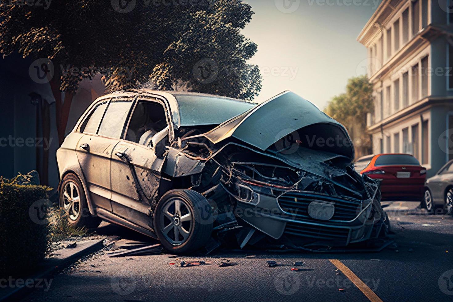 The insurance agent and the photographer investigate and photograph the broken white car AI photo