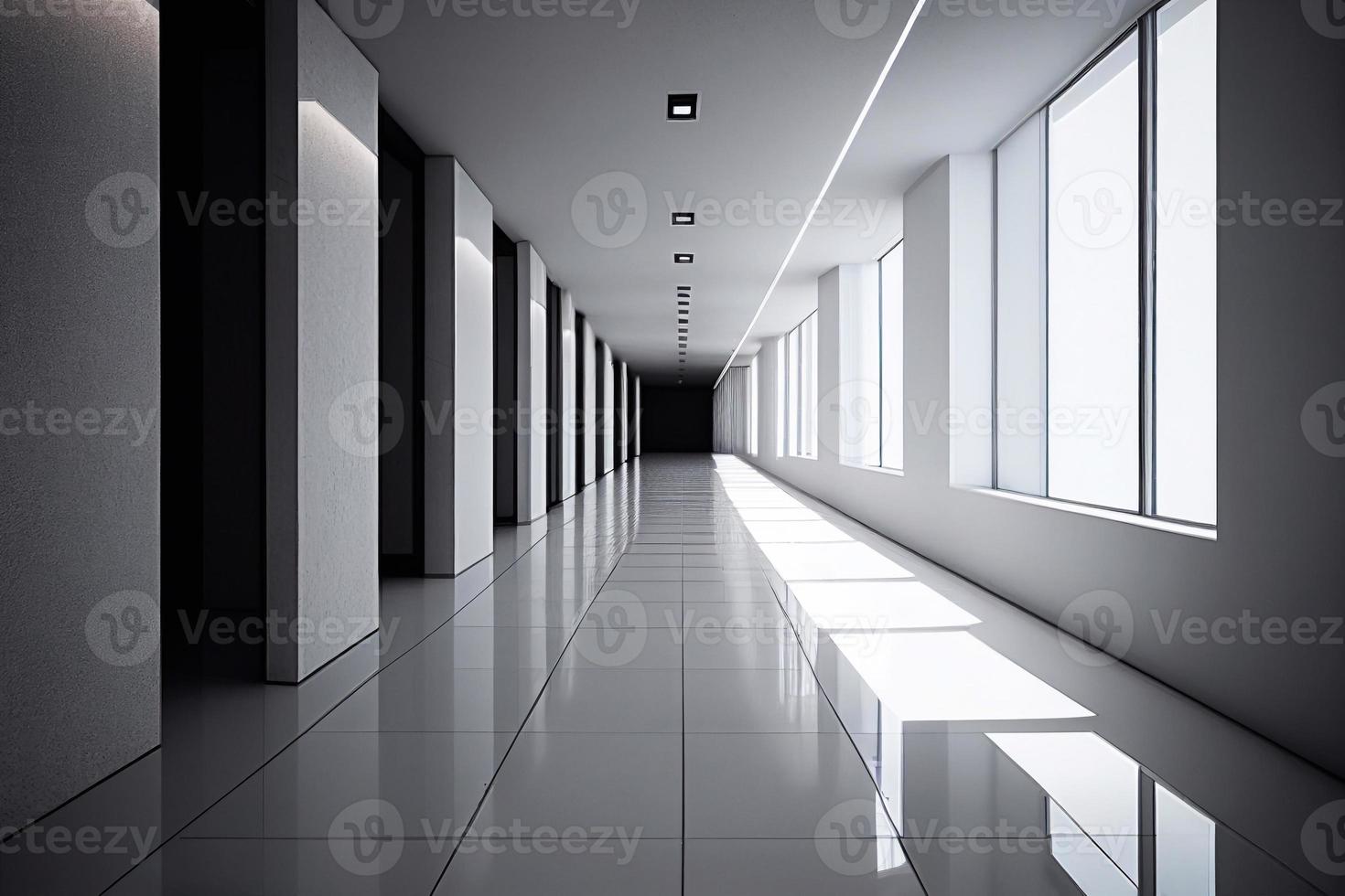hotel, clínica o Hostal salón con negro y blanco color. corredor con puertas en perspectiva vista. ai foto