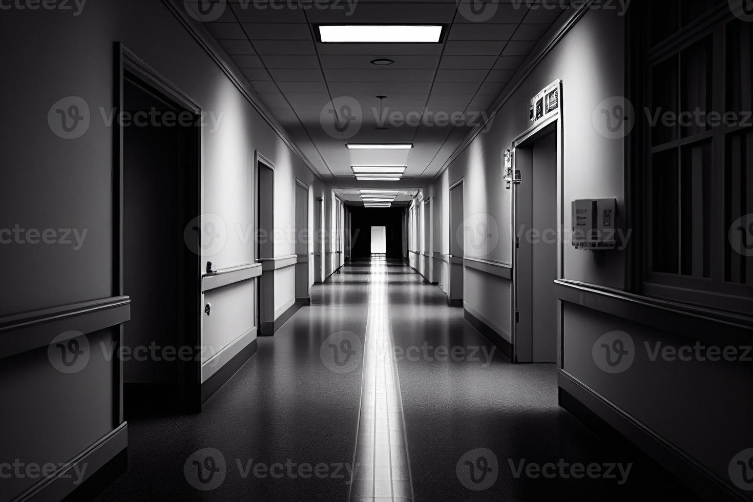 hotel, clínica o Hostal salón con negro y blanco color. corredor con puertas en perspectiva vista. ai foto