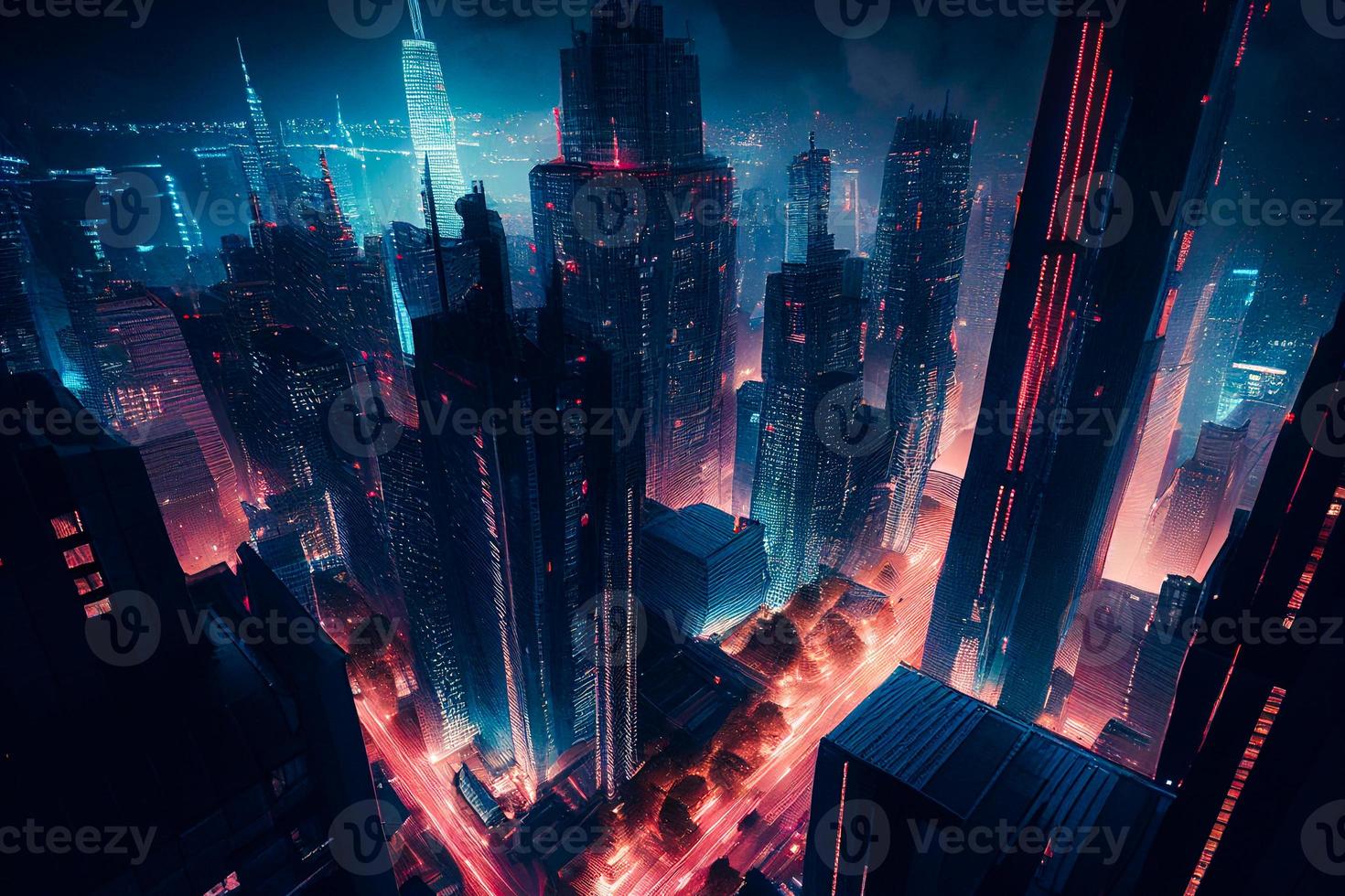 illustration of black and white skyscrapers, with black buildings and colored windows. All windows shapes are present so you can easily edit window colors AI photo