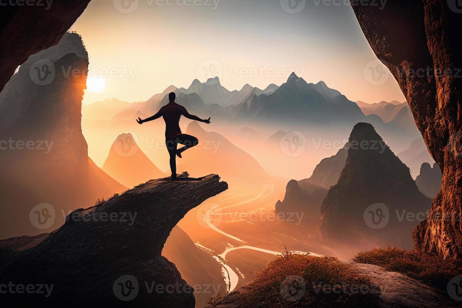 Man meditating in sitting yoga position on the top of a mountains above clouds at sunset. Zen, meditation, peace,  illustrations AI photo