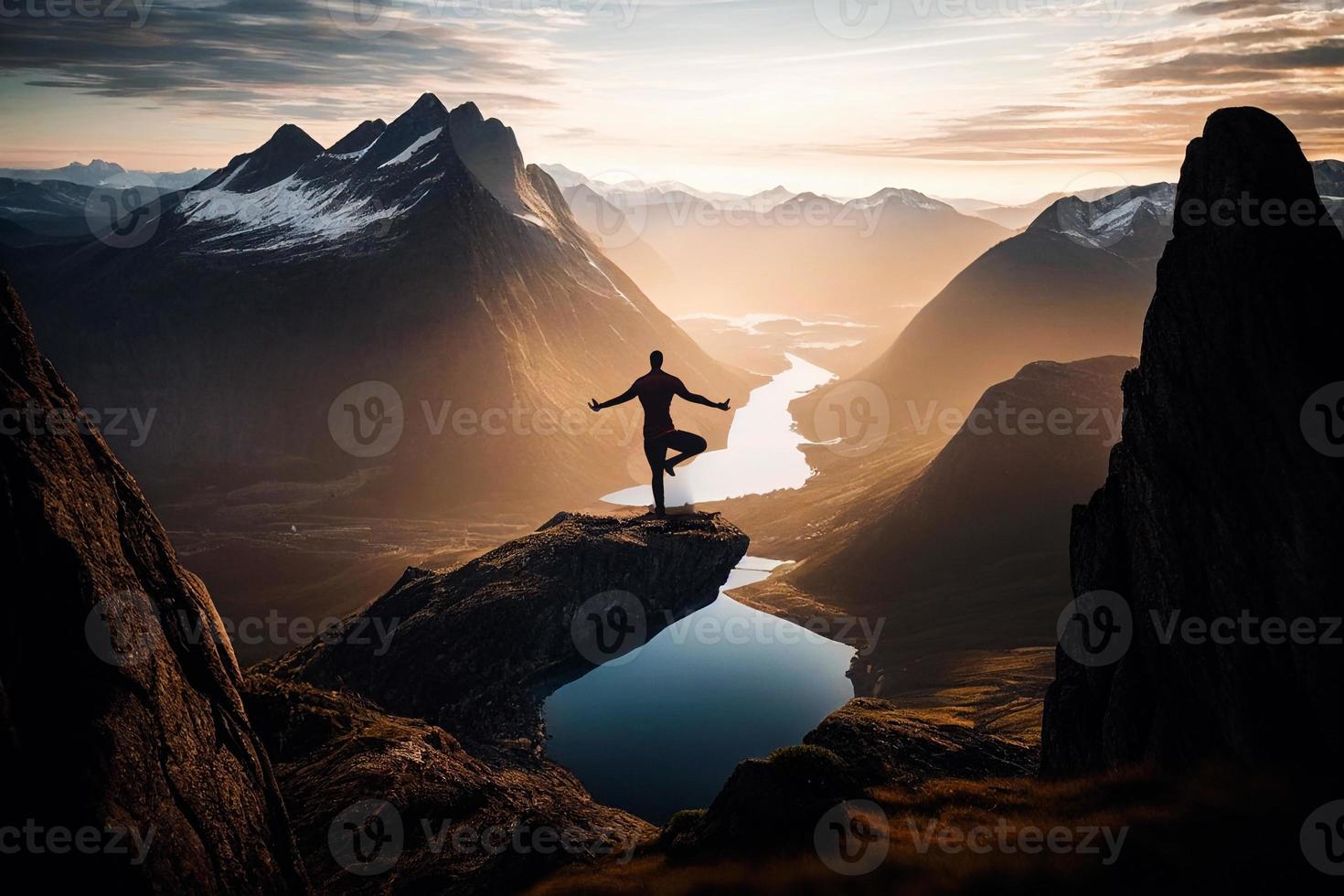 Man meditating in sitting yoga position on the top of a mountains above clouds at sunset. Zen, meditation, peace, illustrations AI photo